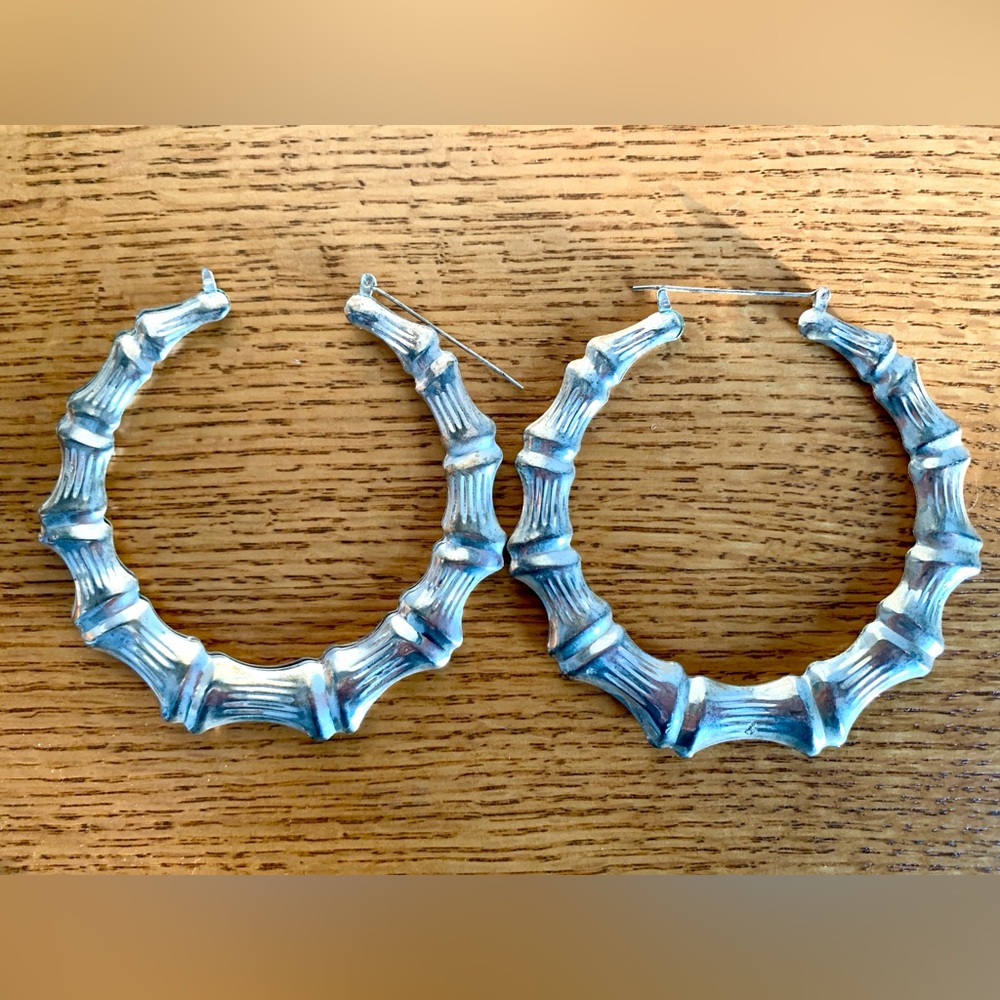 Bamboo Hoop Earrings Round Silver Tone 3 1/4”Hoops Hollow Lightweight